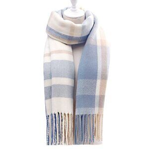 2/$30 Cozy Plaid Winter Scarf Fringed Shawl Wrap Blue & Beige Tones Women Men